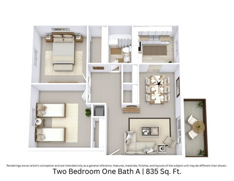 Floor plan for 2 beds, 1 bath, 835 sqft